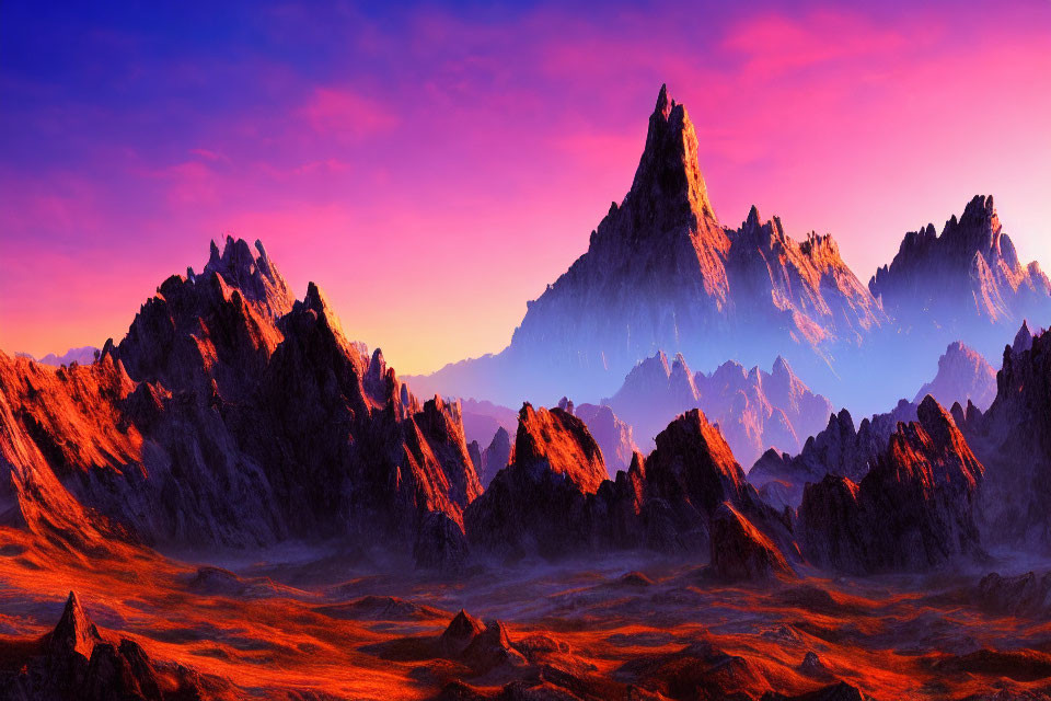 Majestic mountain peaks under purple and orange sky