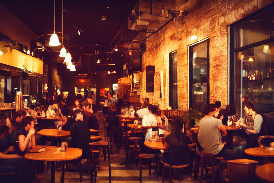 Bustling cafe with exposed brick walls and warm ambiance