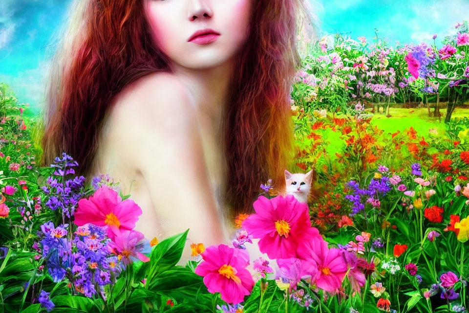 Colorful painting of woman with flowers and white cat under blue sky