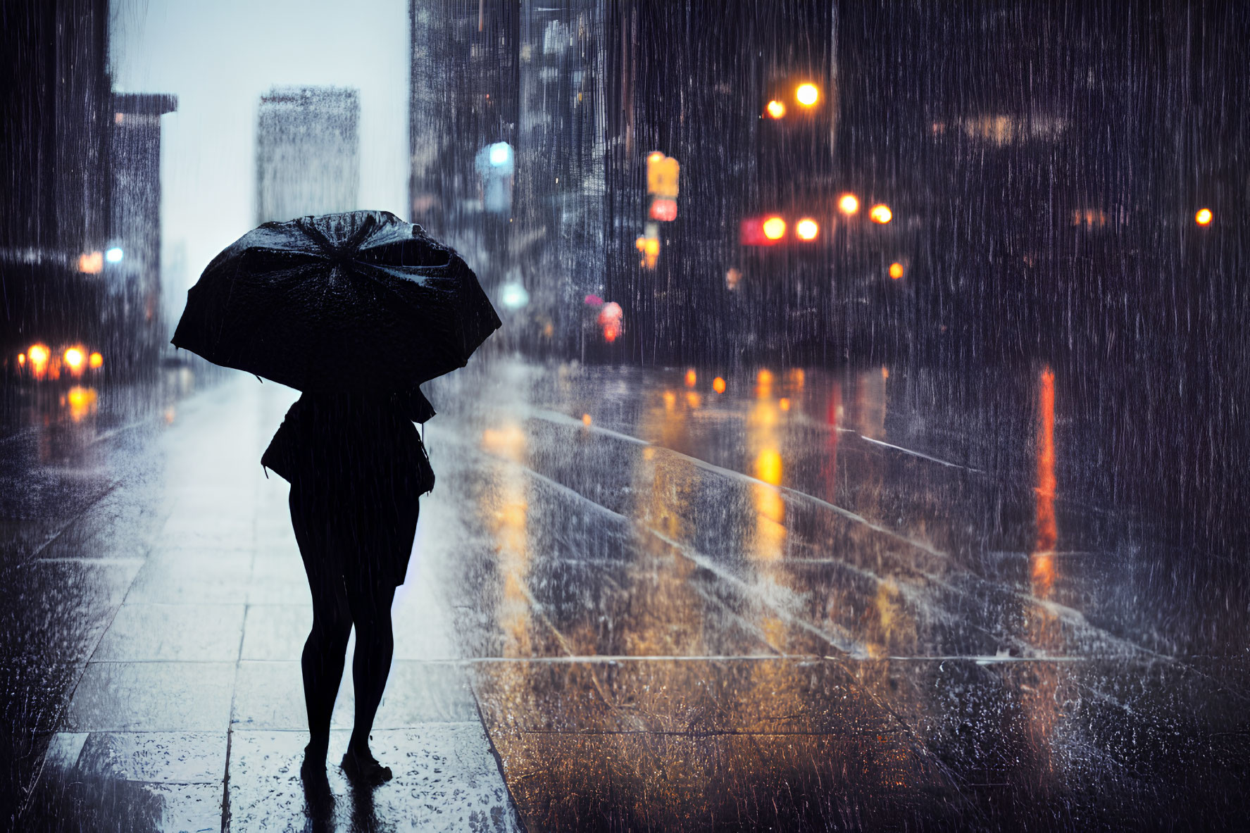 Pedestrian with umbrella in rainy city street scene