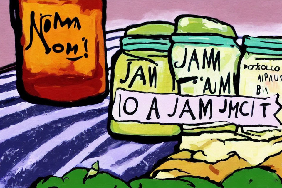 Vibrant illustration of labeled jars on striped tablecloth