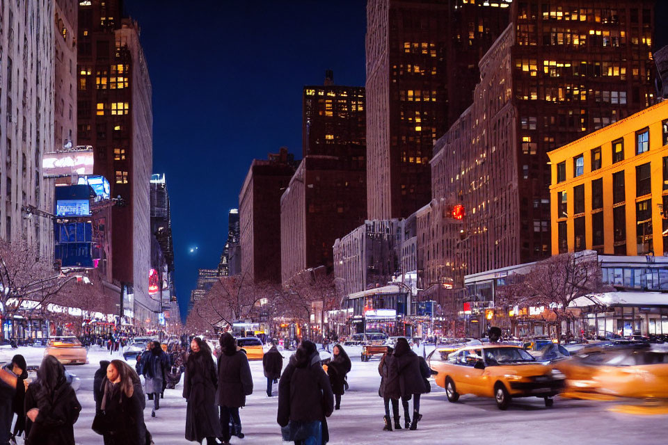 City Street Night Scene with Pedestrians, Taxis, and Vibrant Lights