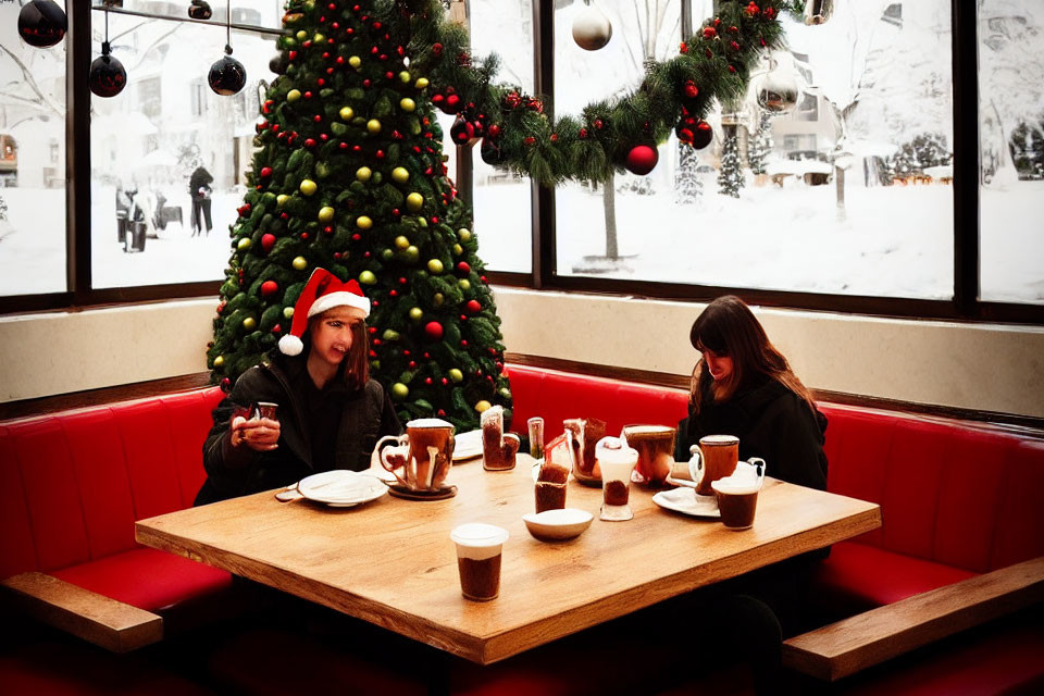 Two individuals at diner table near Christmas tree in snowfall.