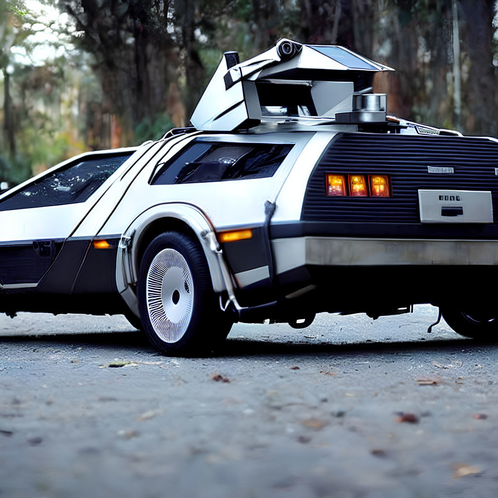 DeLorean DMC-12 with gull-wing door open on forest-lined road