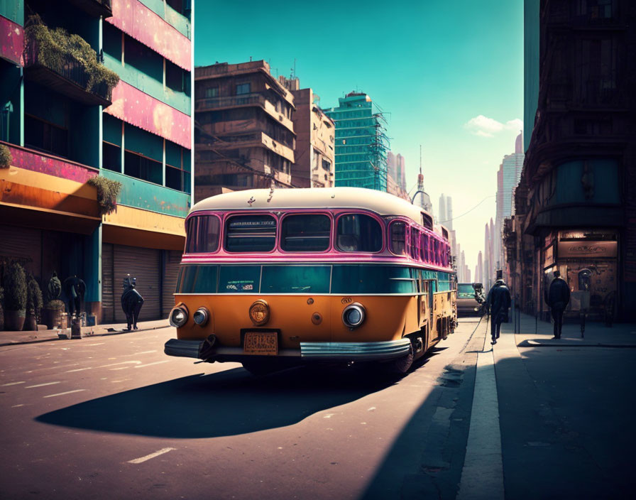 Vintage yellow bus with neon accents on futuristic city street among pedestrians and modern buildings under clear sky