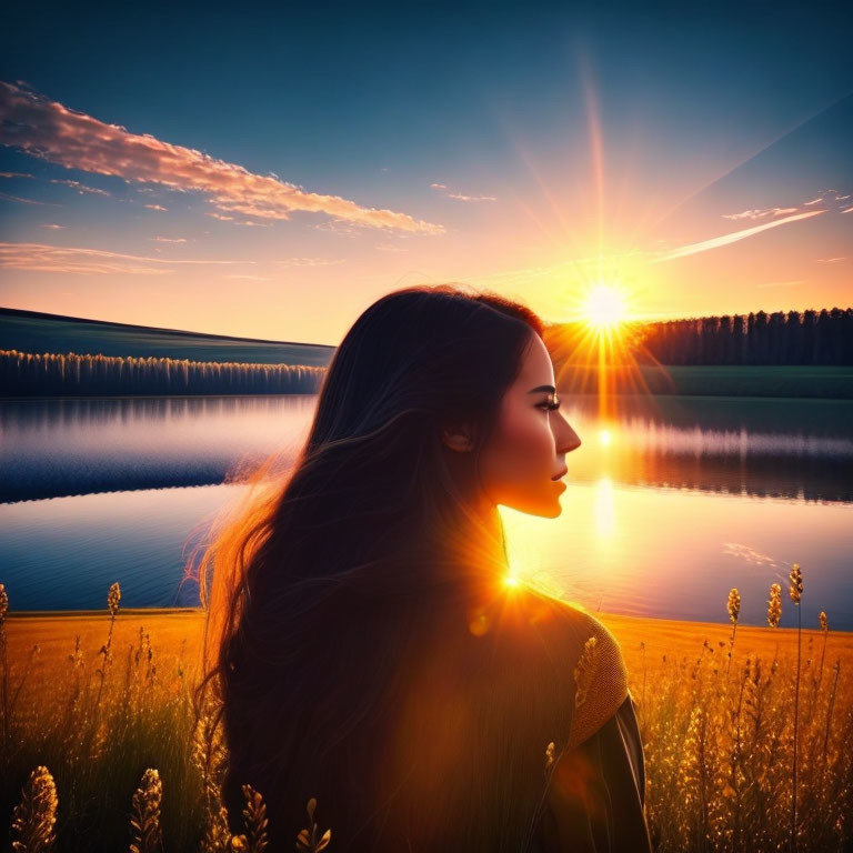 Scenic sunset view with woman, lake, wildflowers, and forest