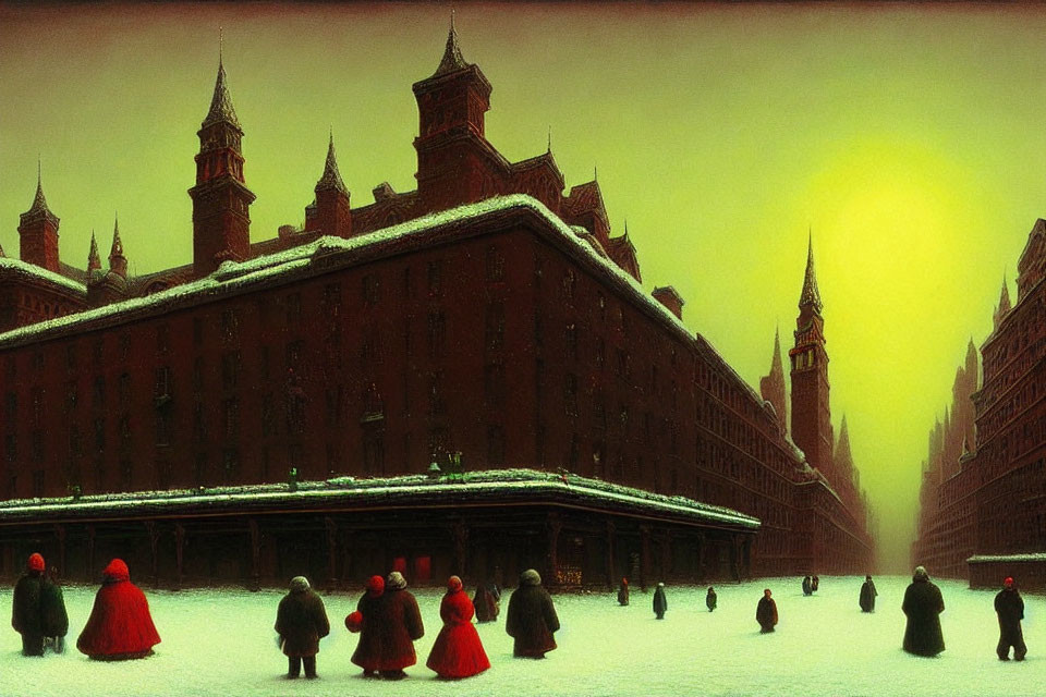 People in Red Cloaks Against Snow-Covered Gothic Building Under Greenish-Yellow Sky