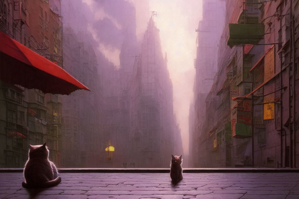 Urban street scene with two cats under glowing lamppost at sunrise/sunset