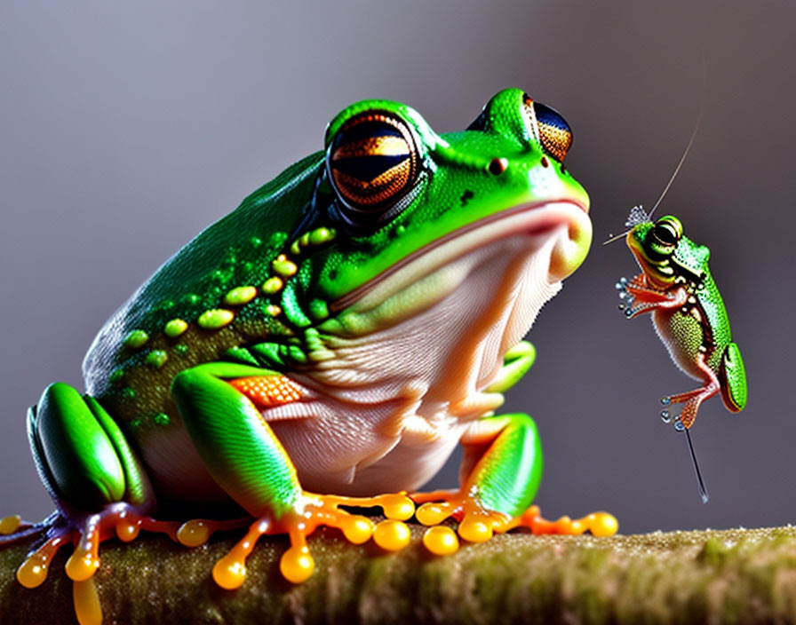 Green frog with black spots and orange toes on leaf observes tiny swinging frog in playful scene