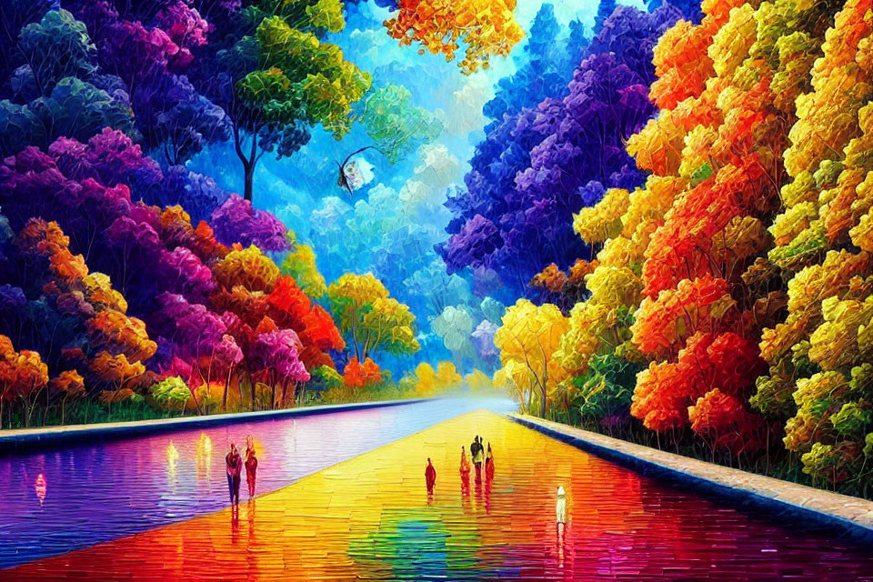 Colorful autumn landscape with mirrored water path and vibrant trees