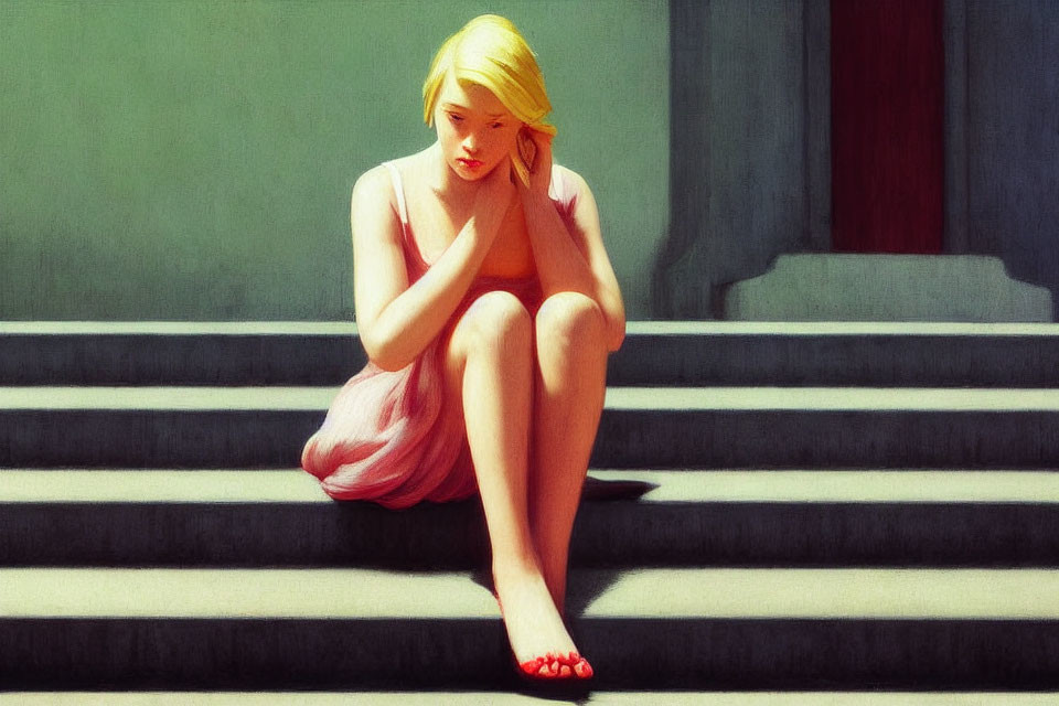 Blonde woman in pink dress and red shoes sitting on steps