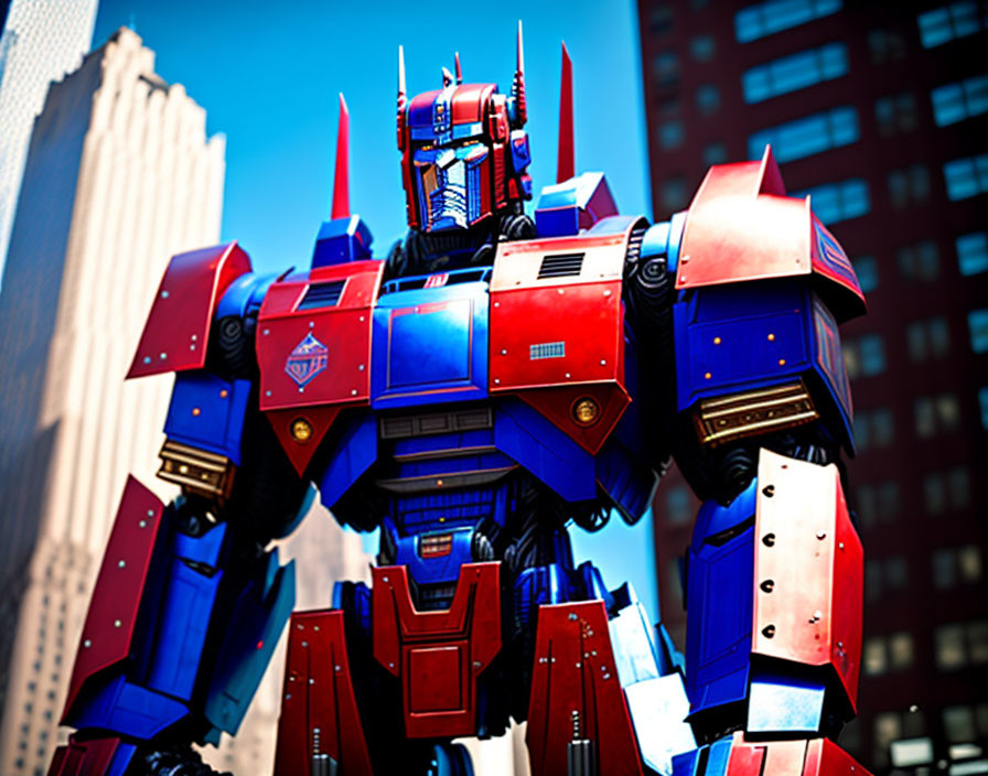 Giant Optimus Prime robot statue in city skyline.