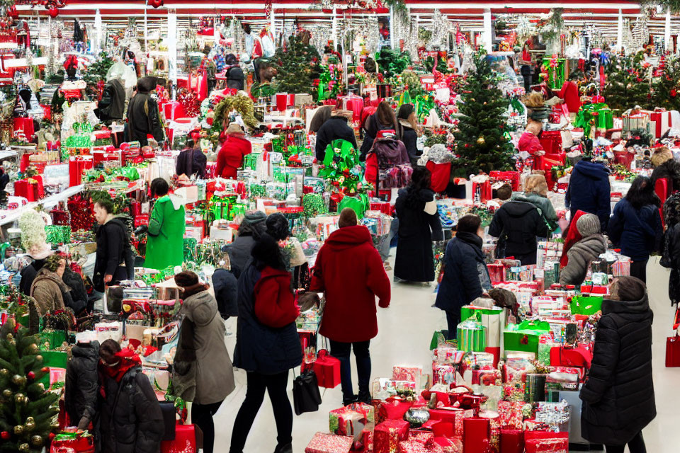 Vibrant Christmas store with customers shopping among festive gifts and decorations