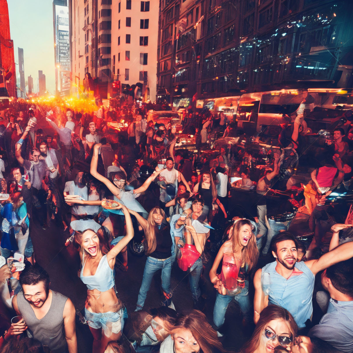 Colorful street party with dancing people, traffic, city buildings, and glowing lights at dusk.