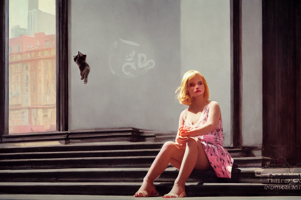 Pensive woman in pink dress on stone steps by glass door with cat silhouette