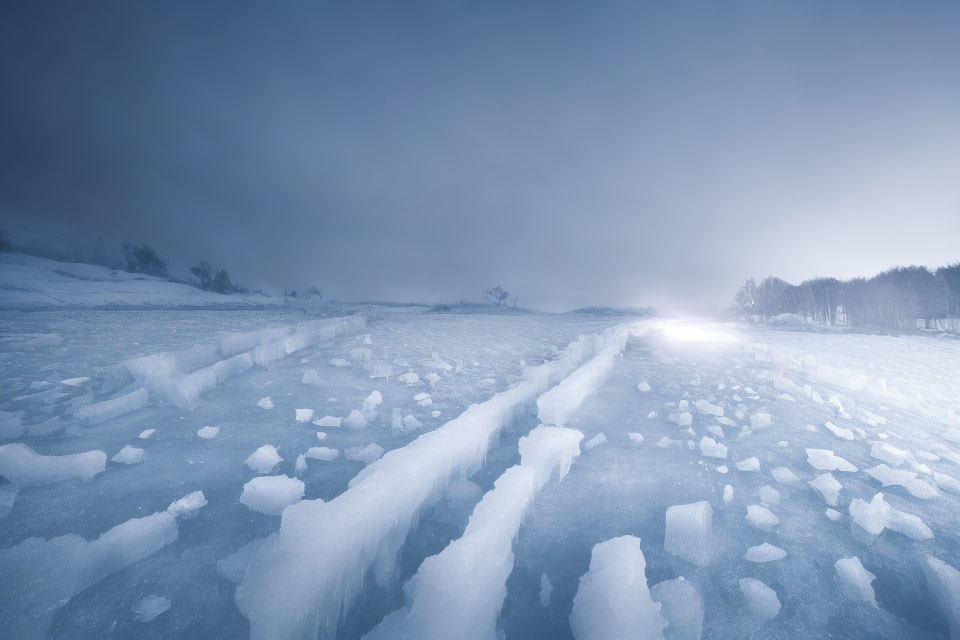 Chilly winter landscape with icy formations under cloudy sky