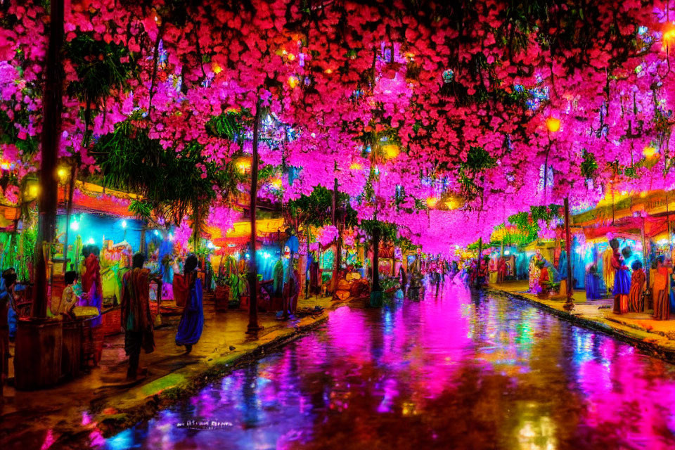 Colorful market scene with pink flower ceiling and traditional clothing.