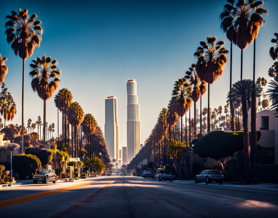 Sunlit Boulevard with Palm Trees and Skyscrapers under Blue Sky