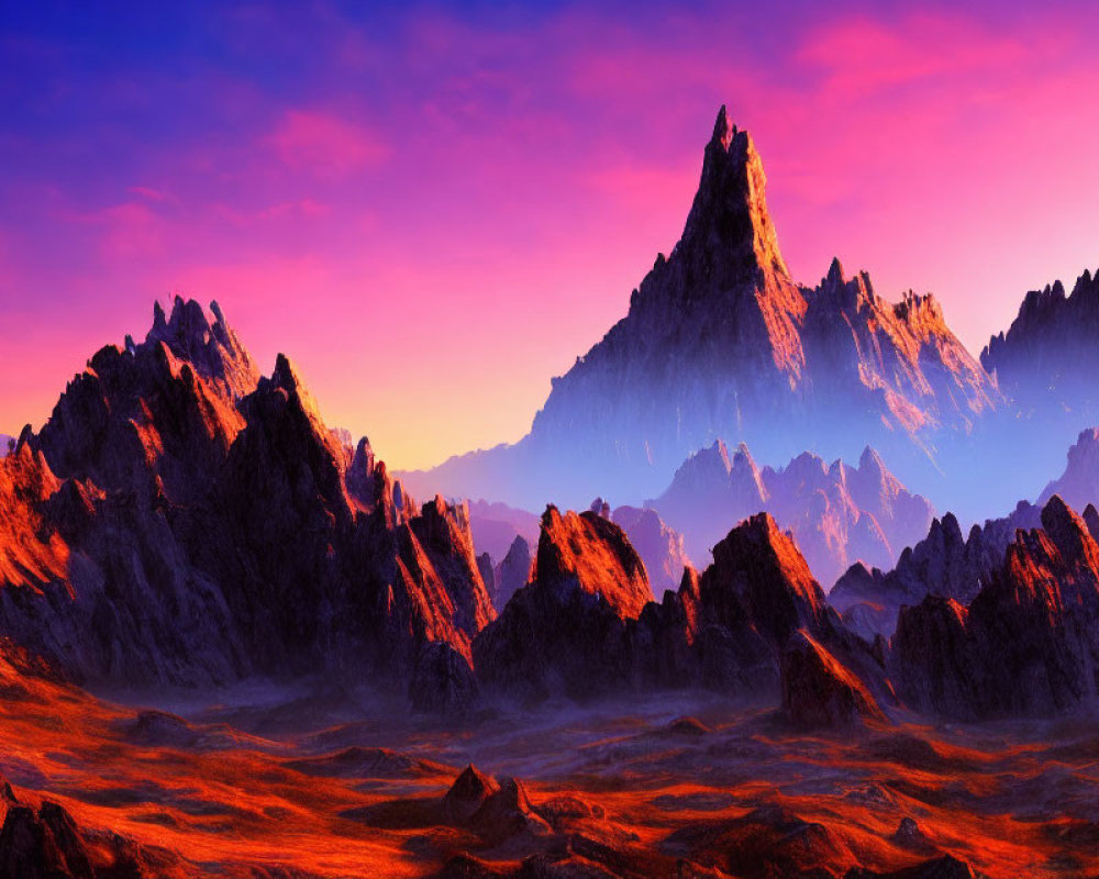 Majestic mountain peaks under purple and orange sky