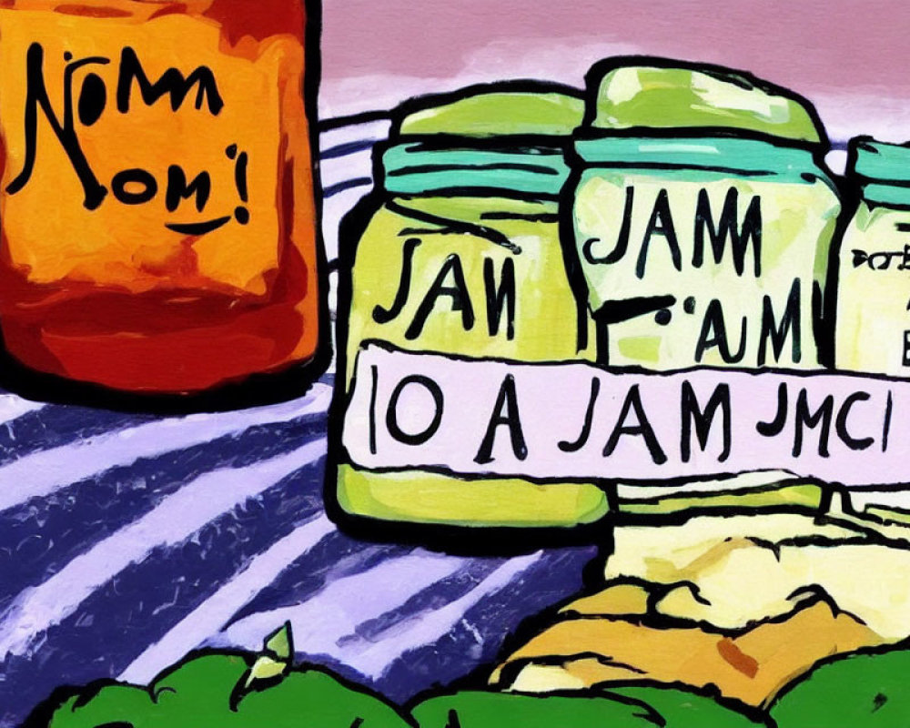 Vibrant illustration of labeled jars on striped tablecloth