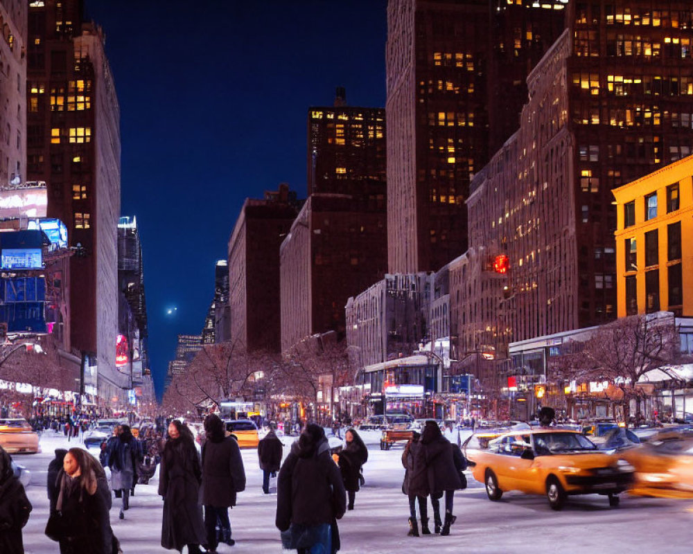 City Street Night Scene with Pedestrians, Taxis, and Vibrant Lights