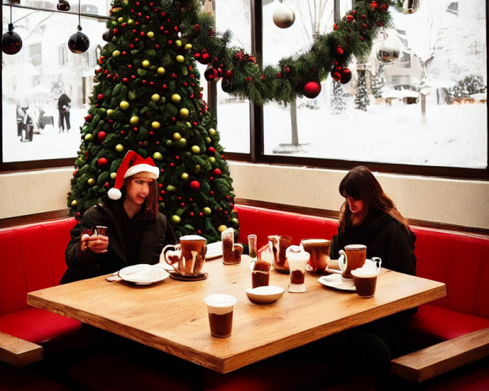 Two individuals at diner table near Christmas tree in snowfall.