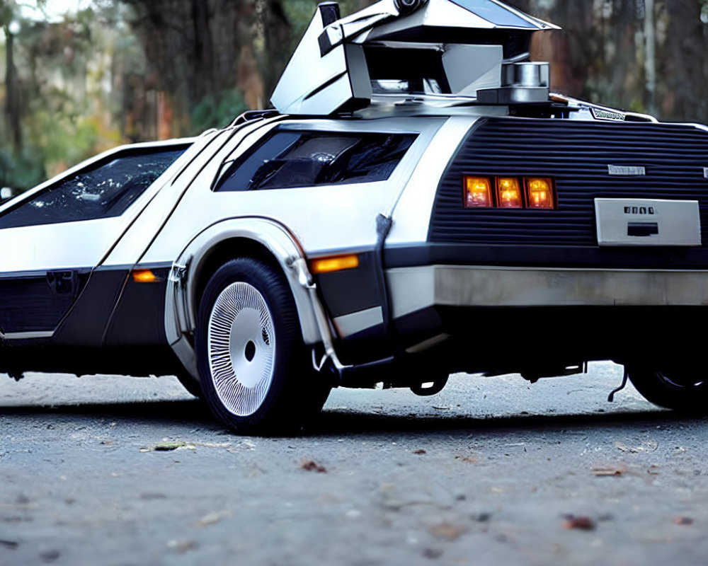 DeLorean DMC-12 with gull-wing door open on forest-lined road