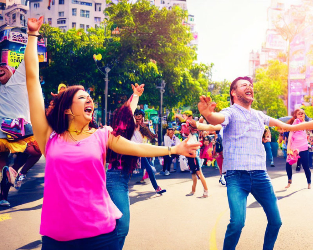 Vibrant street scene: Joyful crowd dancing under sunny skies