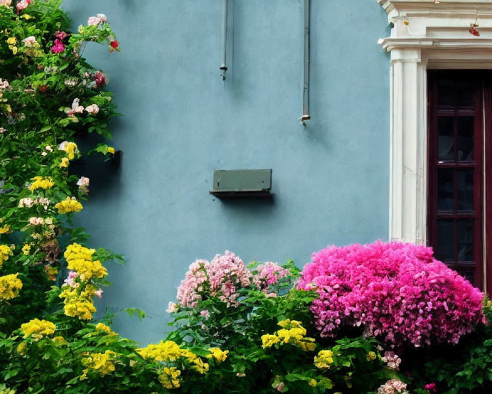 Vibrant yellow and pink flowers by blue building with red window