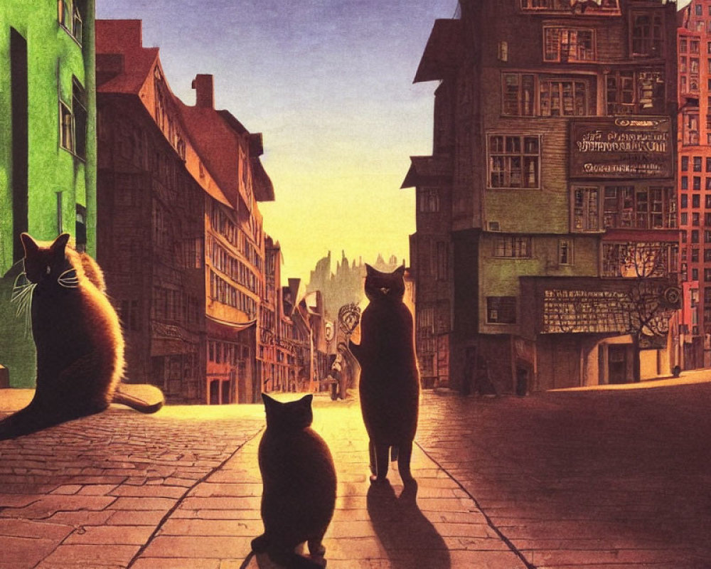 Three Cats in Urban Alley at Sunset