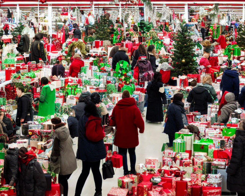 Vibrant Christmas store with customers shopping among festive gifts and decorations