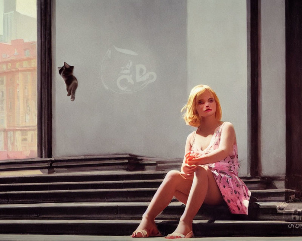 Pensive woman in pink dress on stone steps by glass door with cat silhouette