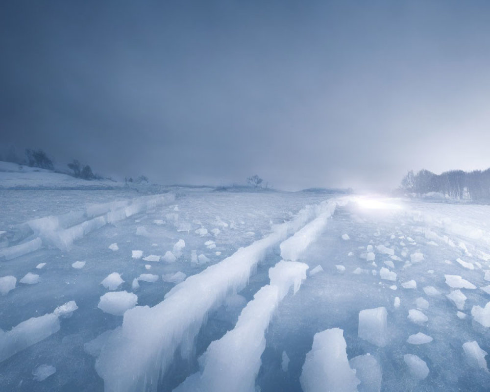 Chilly winter landscape with icy formations under cloudy sky