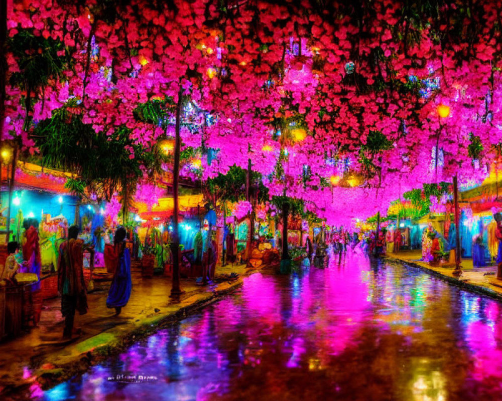 Colorful market scene with pink flower ceiling and traditional clothing.