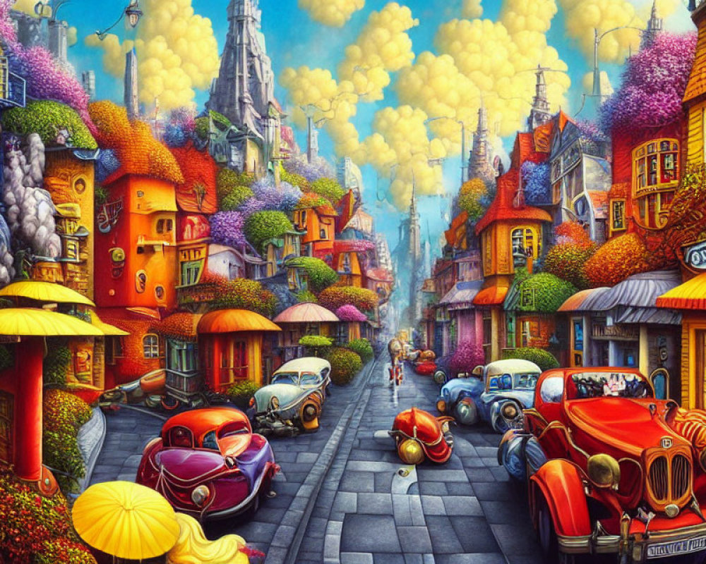 Colorful Vintage Cars and Castle in Whimsical Street Scene