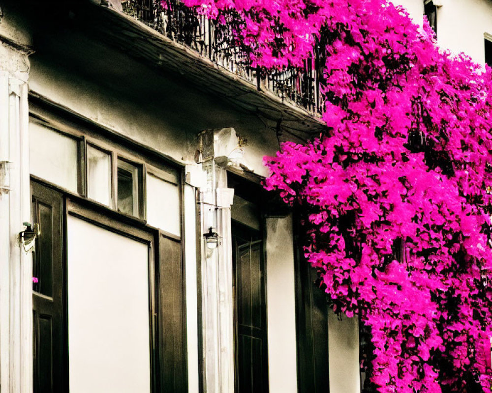 Pink bougainvillea cascading on white building with black balcony.