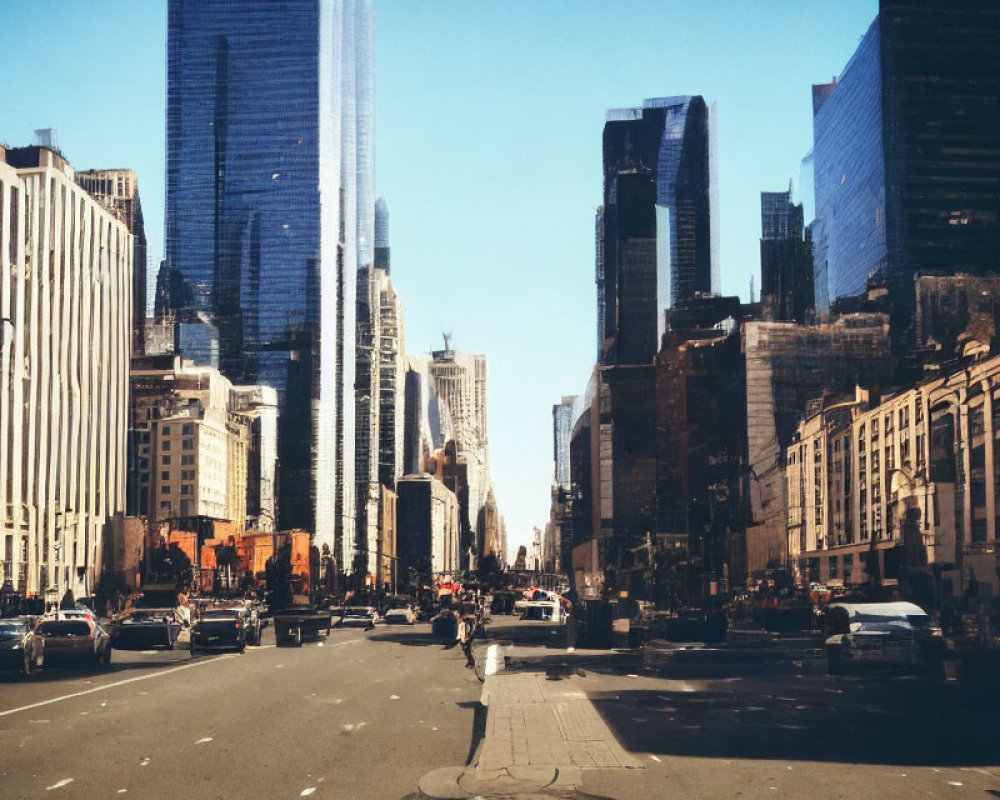 City street scene with tall buildings, cars, and clear blue sky.