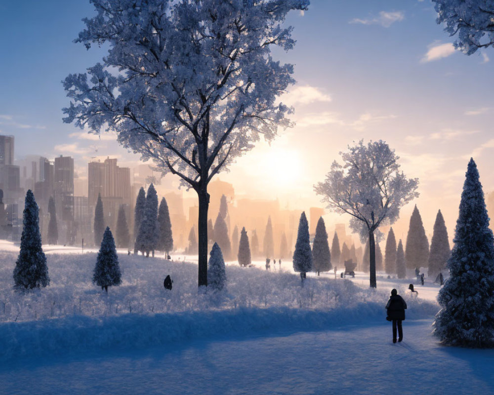 Winter park scene: snow-covered trees, people walking, dusk city skyline.