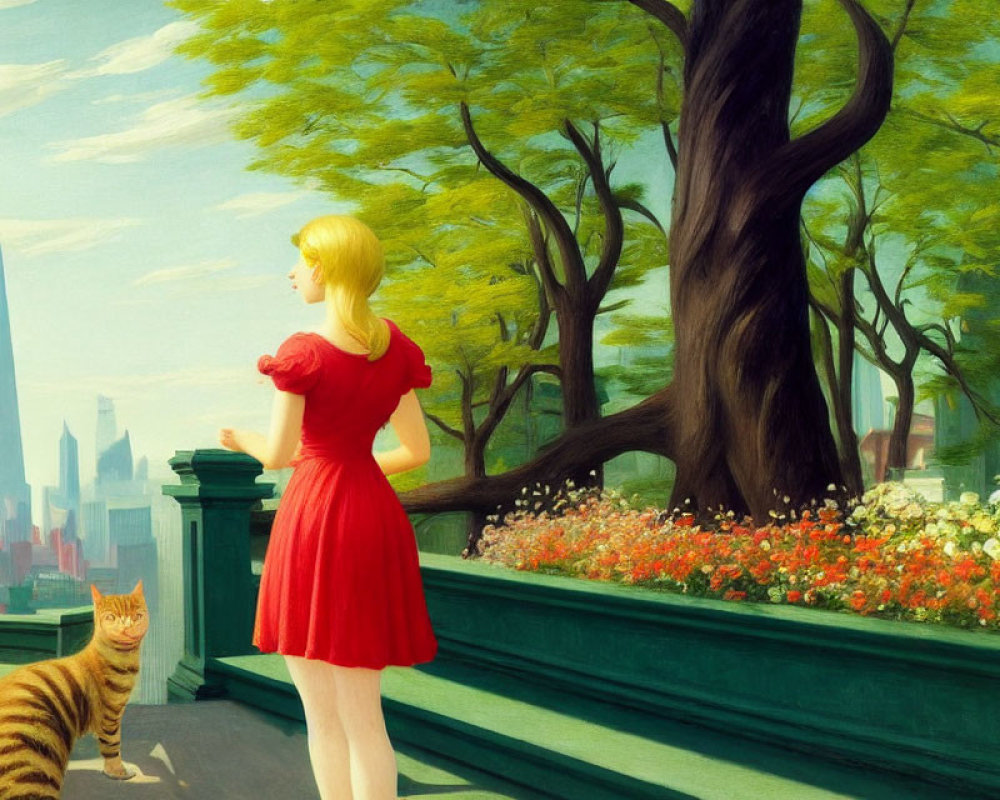 Woman in red dress conversing with tabby cat in park setting