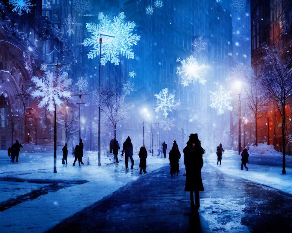 Snowy city street at night with blue lights and snowflakes, people walking.