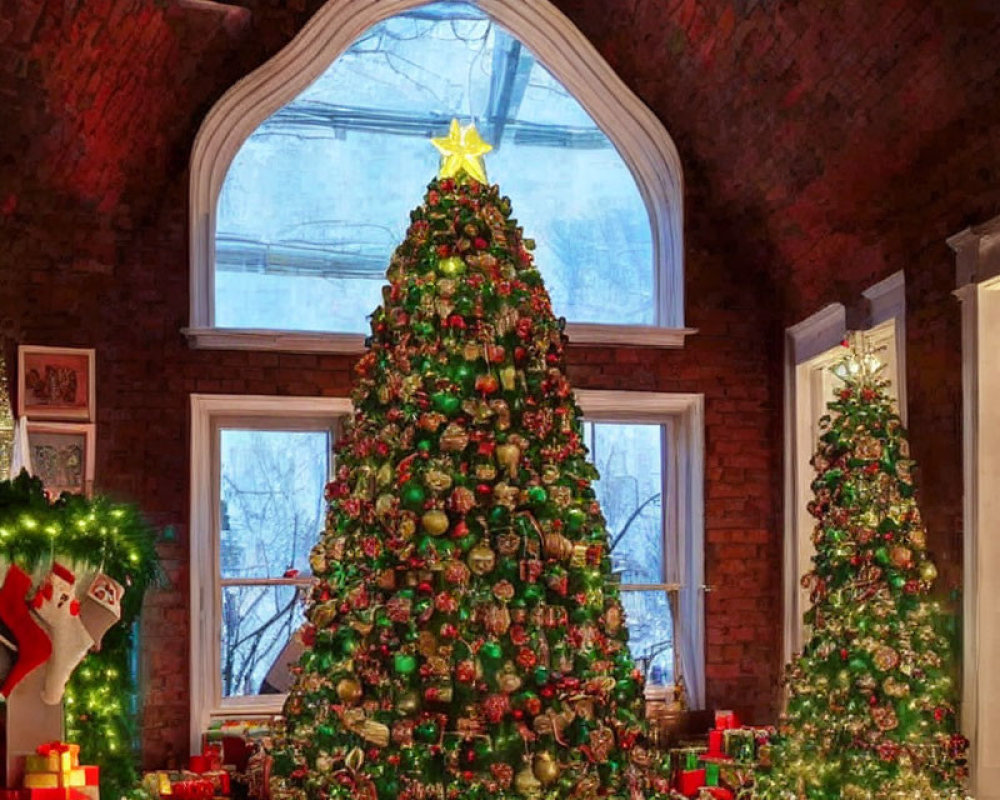 Festive Christmas tree in cozy room with stockings and gifts