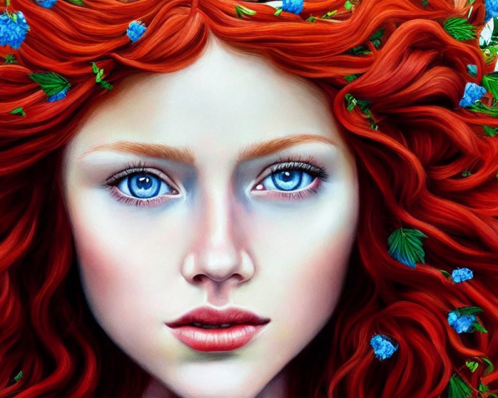 Portrait of a Woman with Fiery Red Curls and Blue Flowers