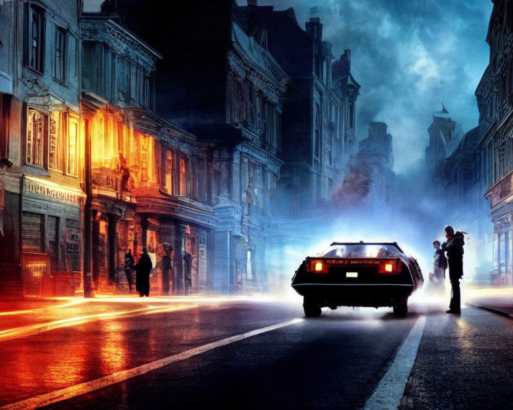 Classic Car in Misty Neon-Lit City Street at Dusk