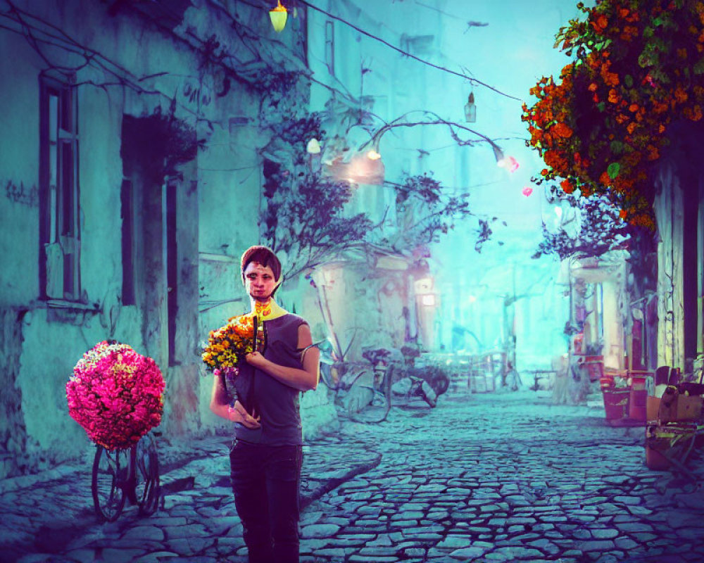 Young man holding flowers in quaint, colorful street surrounded by vintage buildings.