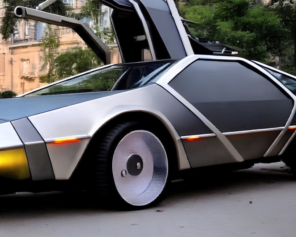 Vintage Silver Sports Car with Gull-Wing Doors in Urban Setting