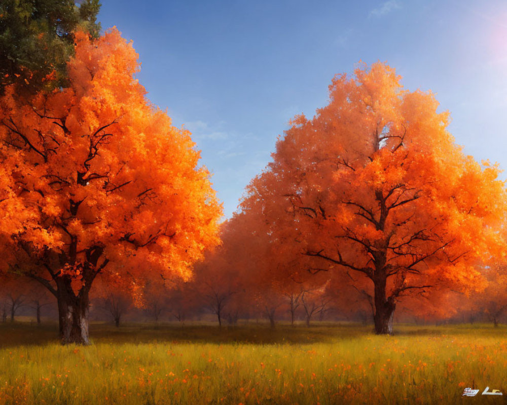 Serene meadow with vibrant orange autumn trees and golden wildflowers