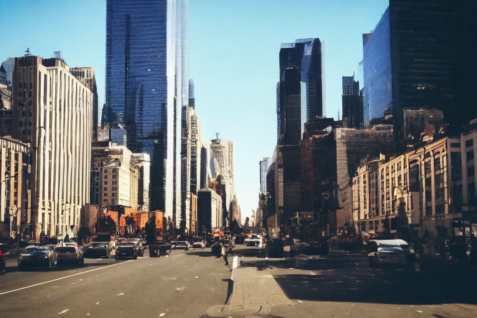 City street scene with tall buildings, cars, and clear blue sky.