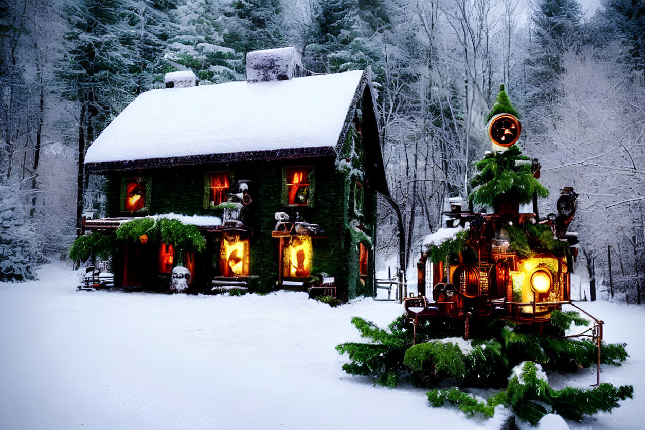 Green Christmas house with snowy surroundings and festive train scene