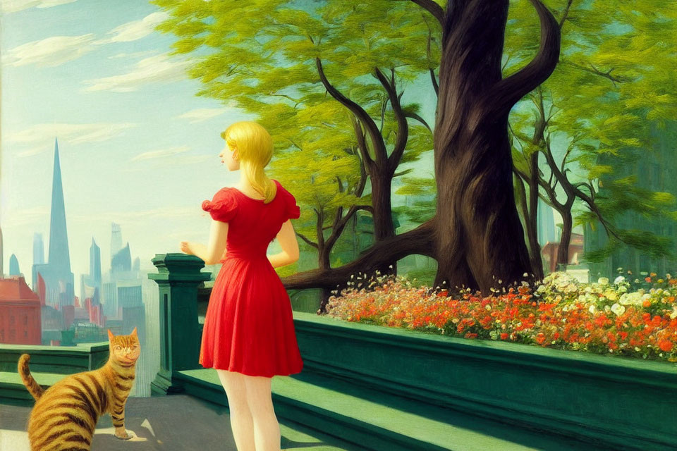 Woman in red dress conversing with tabby cat in park setting