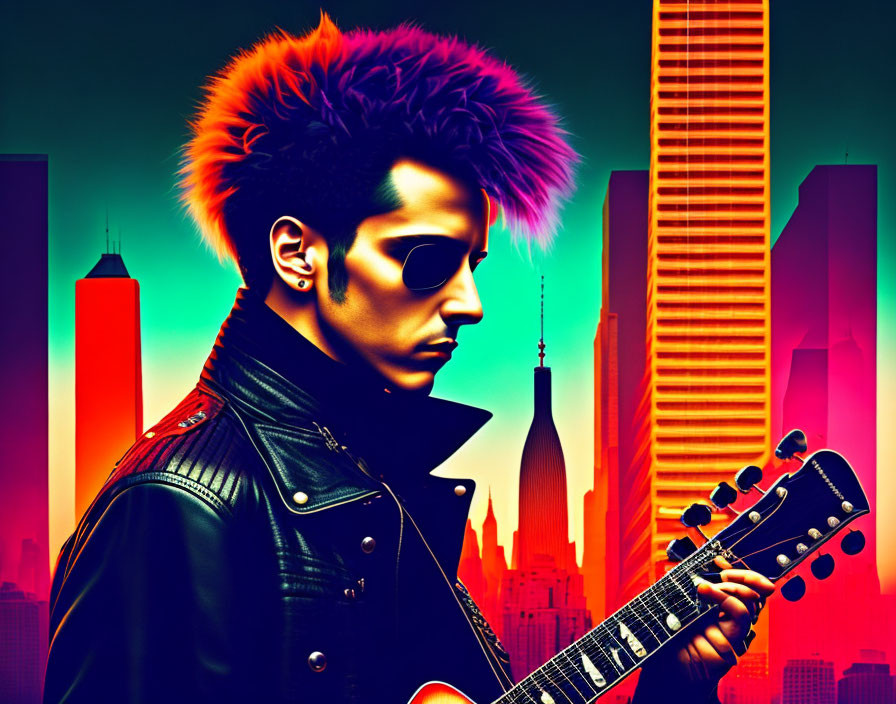 Colorful Punk Rocker with Mohawk and Guitar in Urban Setting